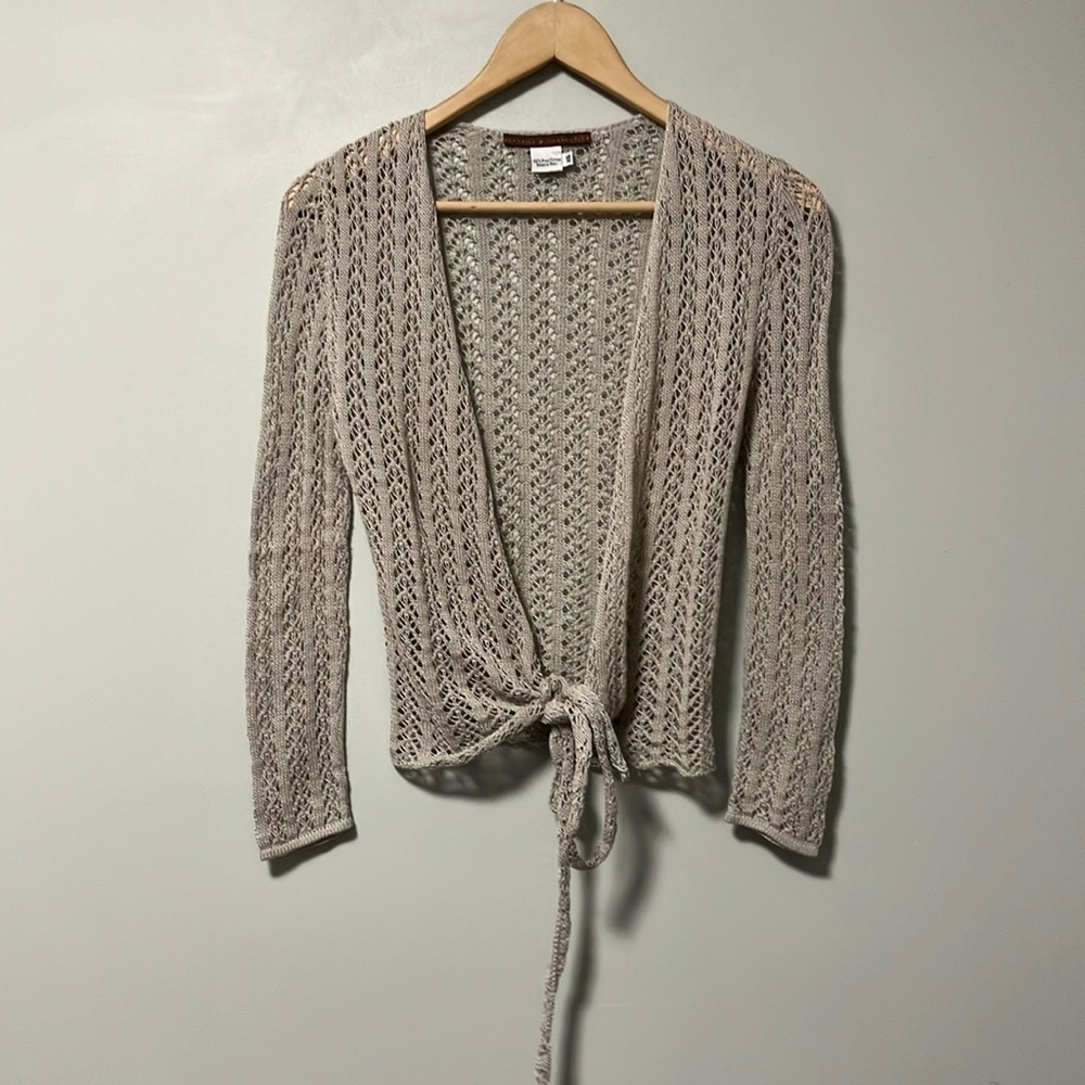 Peruvian Connection Beige Grey Crochet Knit Wrap Sweater made in Peru 100% Pima